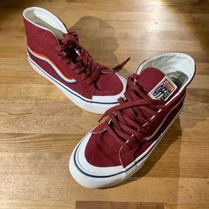 Vans dark red & white high tops w/ rainbow stripe